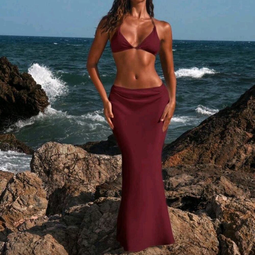 SHEIN Burgundy Satin Maxi Skirt